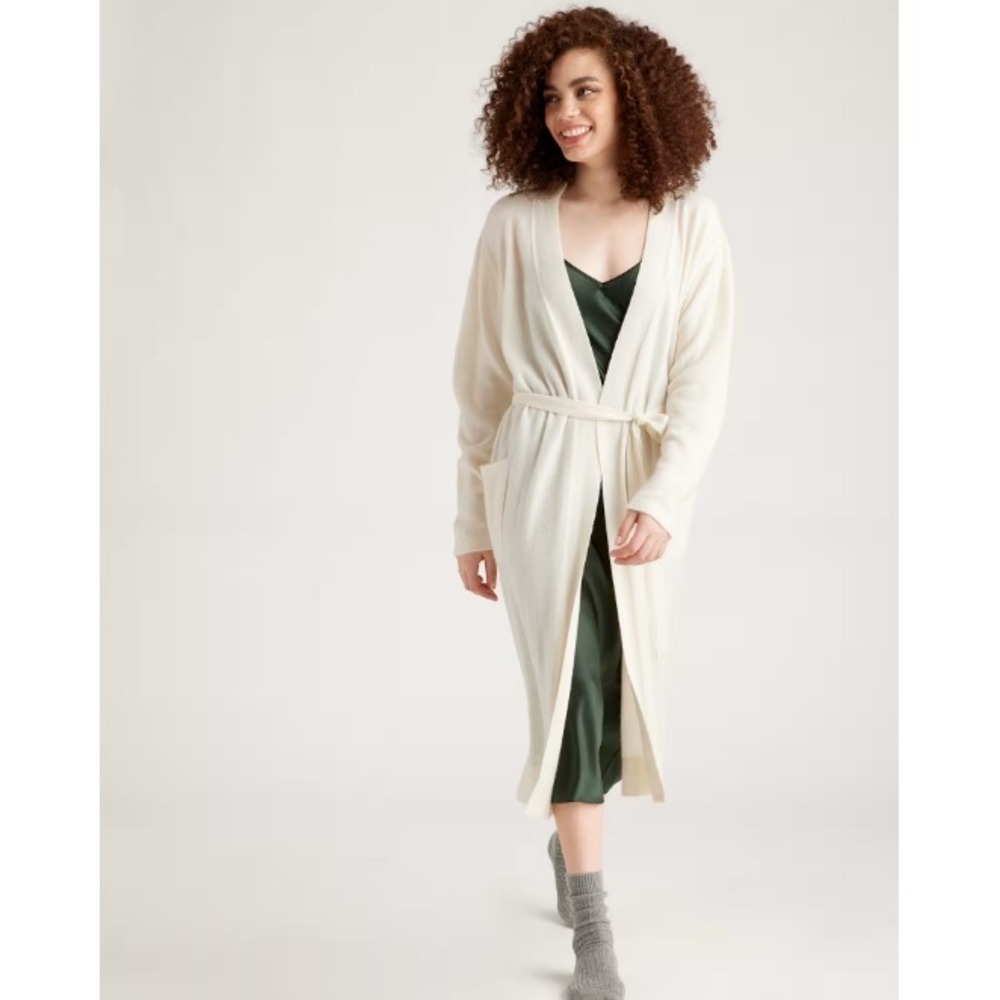 Quince Mongolian Cashmere Robe Womens M Ivory Quiet Luxury Tie Sash Cozy NWT